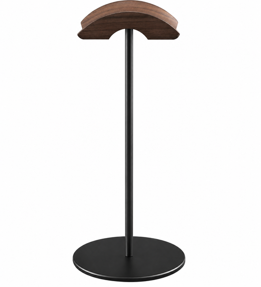 Black Aluminum Headphone Stand with Walnut Wood Headband Rest