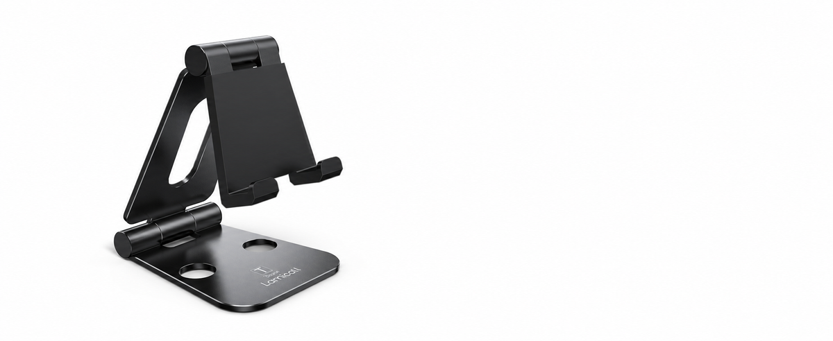 Black Folding Aluminum Phone and Tablet Stand with Dual Hinges