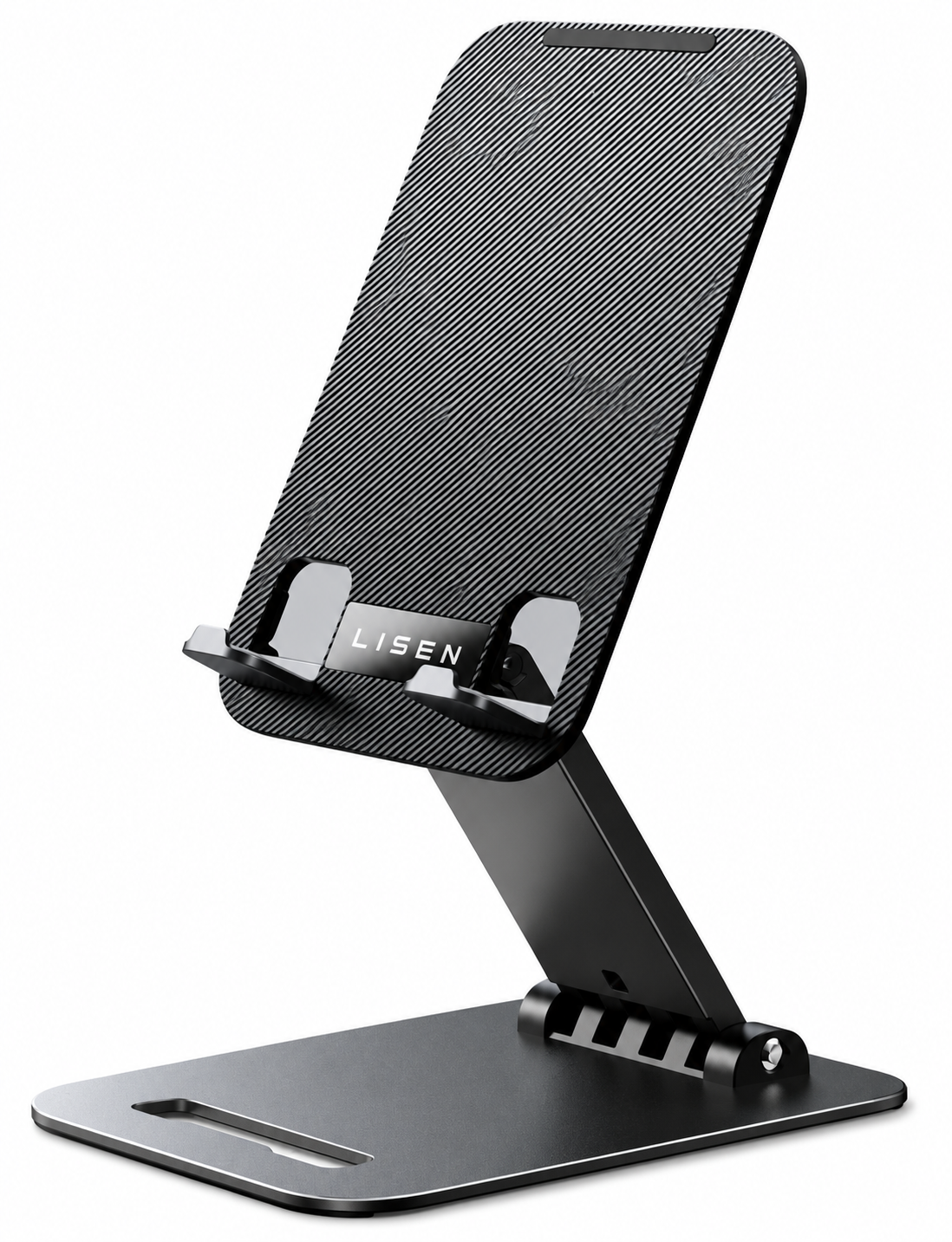 Black Folding Tablet Stand with Adjustable Hinges and Weighted Base