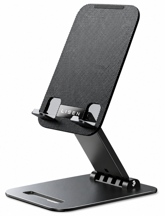 Black Folding Tablet Stand with Adjustable Hinges and Weighted Base