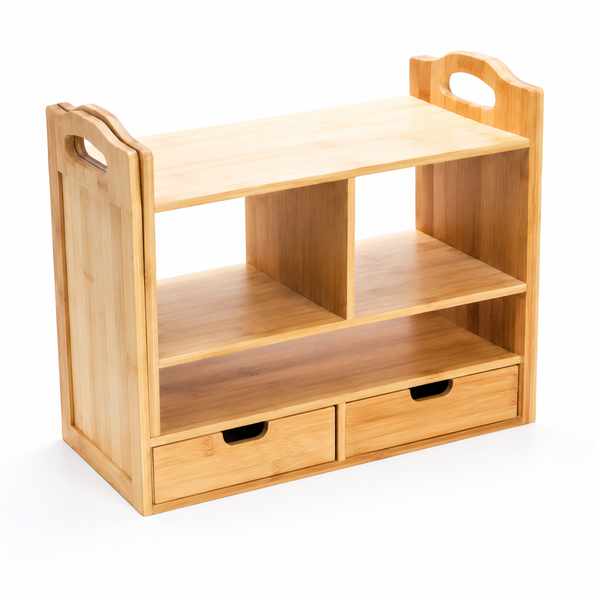 Expandable Bamboo Desktop Organizer with Two Drawers and Carry Handles